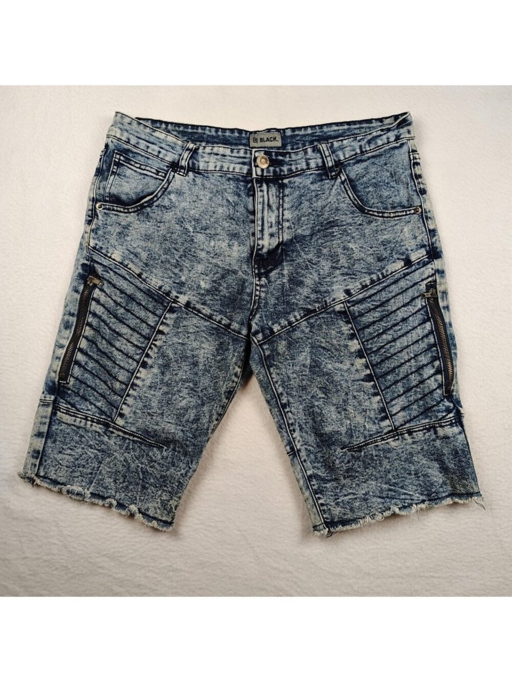 BLACK Acid Wash Moto Denim Shorts Mens sz 34 Rugged Raw Hem
